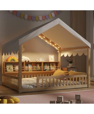 Wooden House Daybed with Fence, Storage, Curtain & LED