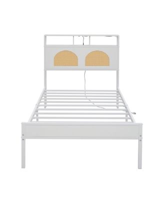 Twin Bed Frame with Headboard, LED & Charging Station, Rattan Headboard