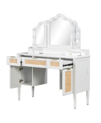 Makeup Vanity Desk with 13 Hollywood Bulbs, 3 Lighting Modes, Tri-Fold Mirror, 5 Drawers