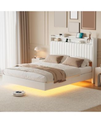 Floating Bed Frame with LED Lights and Charging Station,Upholstered Platform Bed Frame with Headboard and Storage Shelf - Full