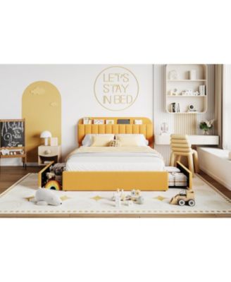 Bed Frame with Storage Headboard and 2 Drawers, Boucle Upholstered Platform Bed, Modern Bed Frames for Rooms - Twin