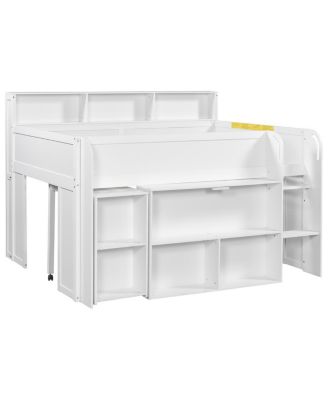  Wood Full Size Loft bed with Multiple Storage Shelves, Desk and LED