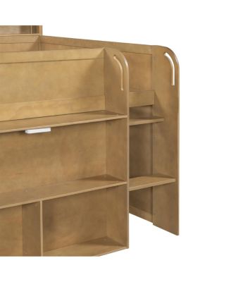  Wood Full Size Loft bed with Multiple Storage Shelves, Desk and LED