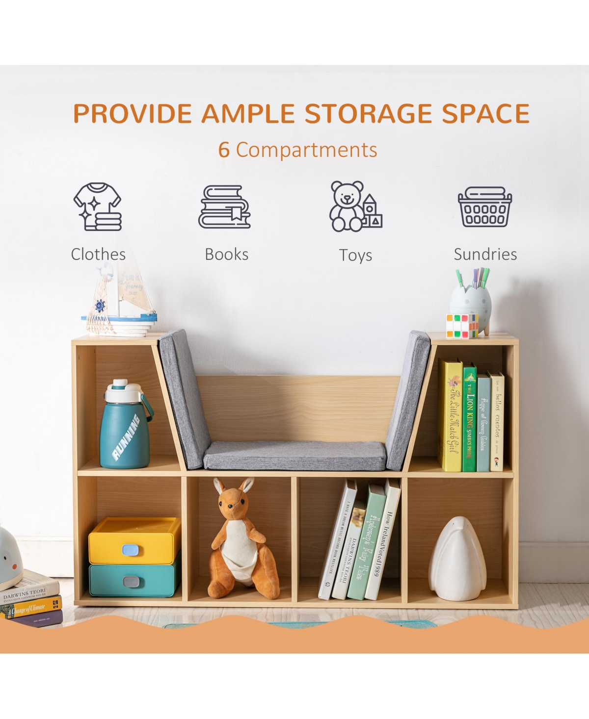 Homcom Kids Cube Organizer with Lounge Chair and Large Cube Shelving, Natural