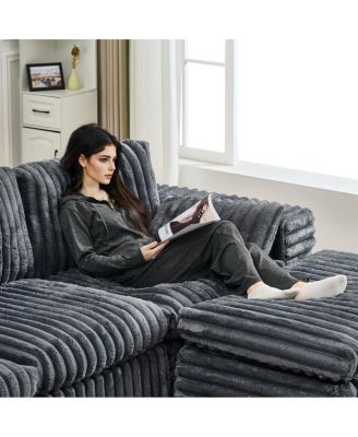  Luxury Ribbed Chenille Upholstered Modular Sectional Sofa with Ottoman-Gray
