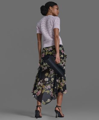 Women's Side Zipper Printed Ruffle Maxi Skirt