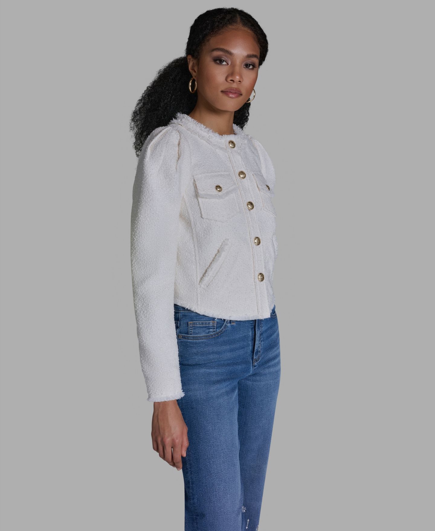 Женская куртка BCBG Crewneck Button-Front Tweed, цвет: Белый — фото 3
