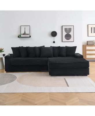 corduroy sofa with cup holder, storage, and reversible recliner.