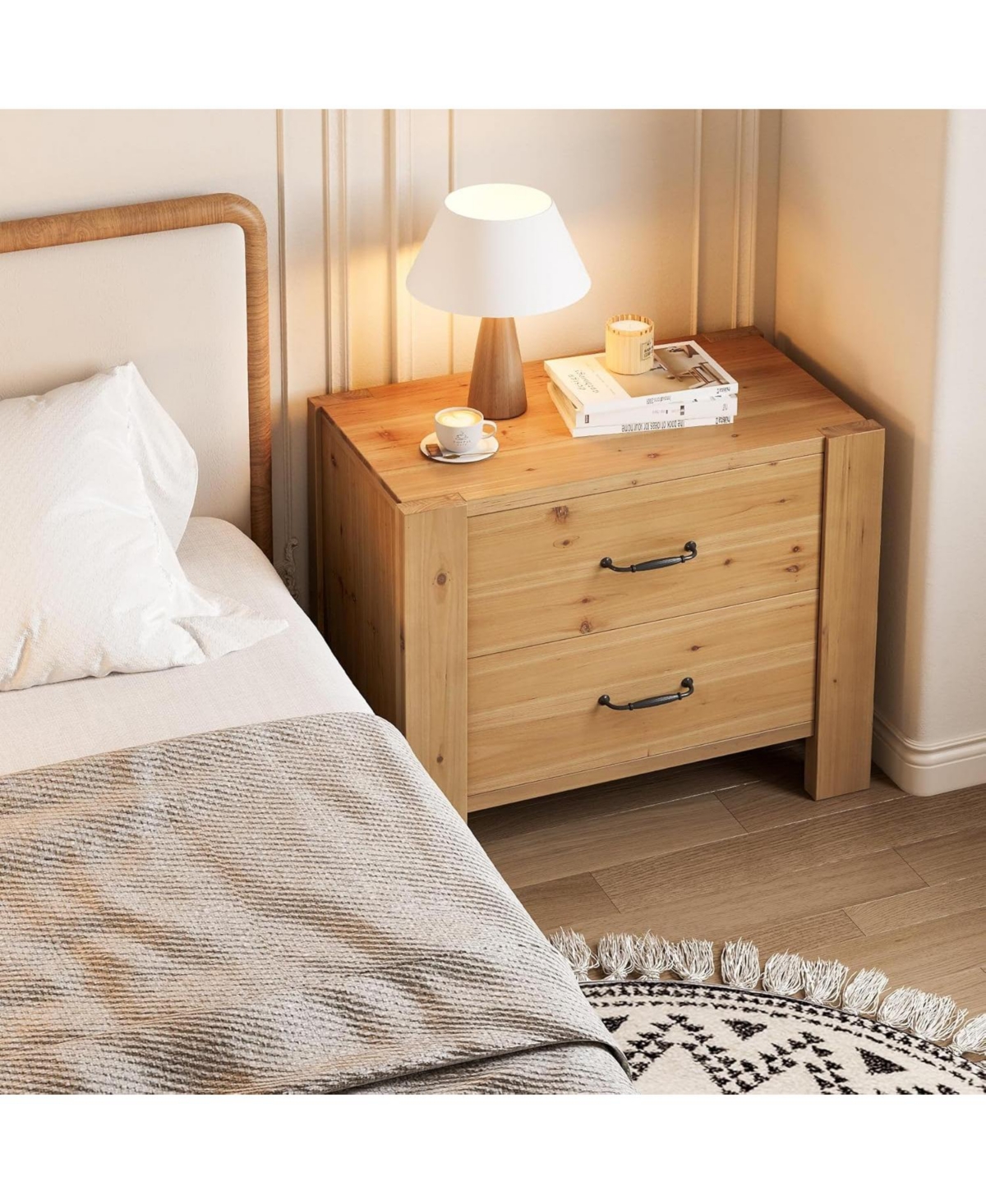 Tribesigns Solid Wood Oversized Nightstand with 2 Drawers, Bedside Table End Tables for Living Room, Large Wide Modern Night Stand with Drawers