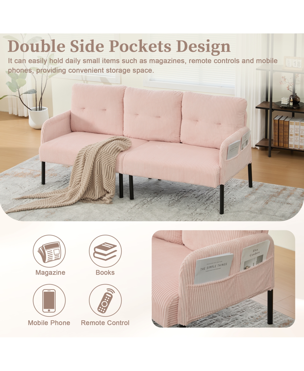 Streamdale Furniture Oversized Corduroy Loveseat Sofa with Metal Legs & Side Pockets