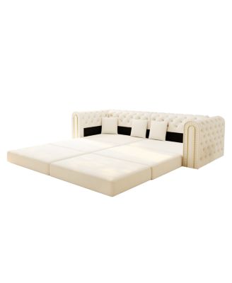 Elegant 3-in-1 Convertible Sleeper Sofa with Gold Trim, Beige/White