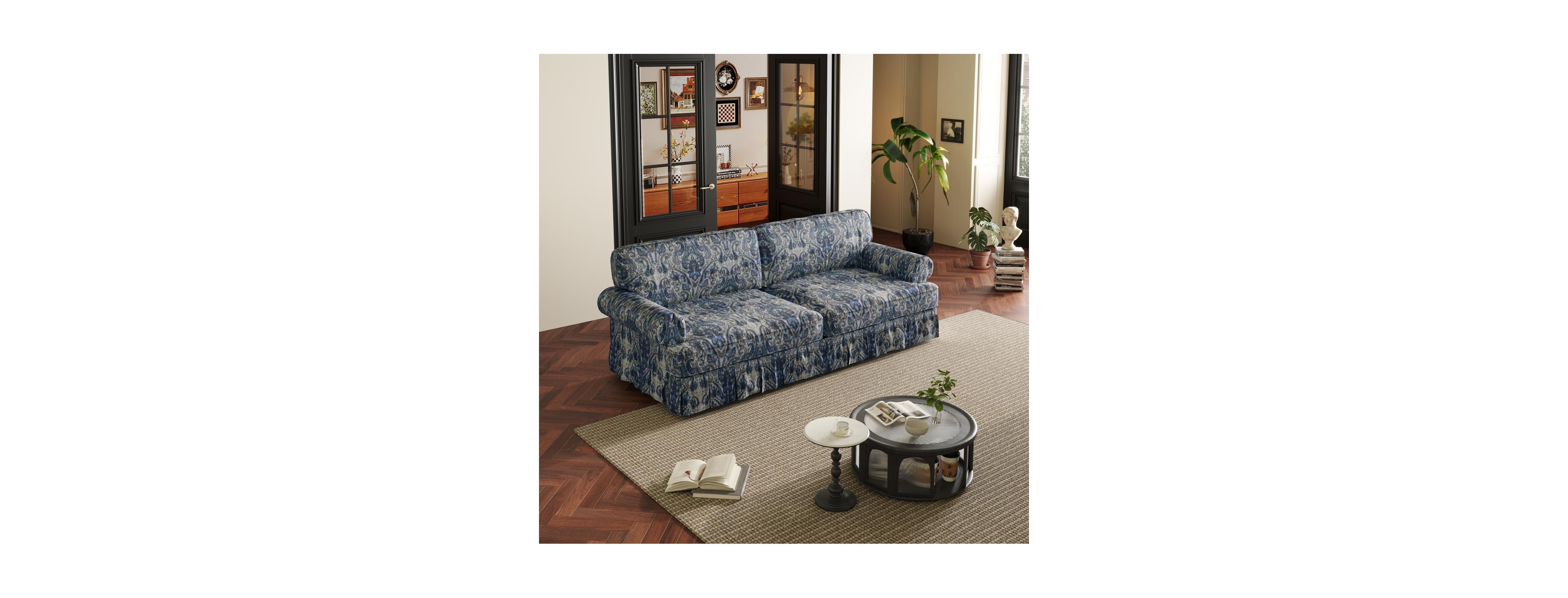 Streamdale Furniture 74" 3-Seater Cloud Couch, Oxford Fabric Sofa with Rolled Arms & Skirt, Blue Floral