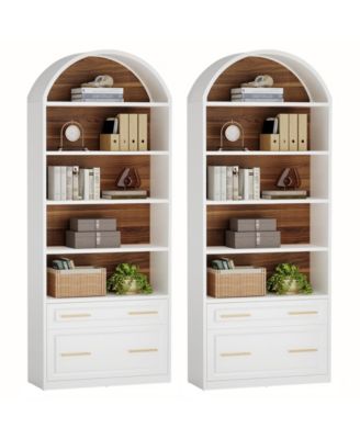 76.8" Tall Arched Bookcase Set of 2, 5-Tier Bookshelf with File Cabinet Drawer, Modern Freestanding Wooden Bookshelves, Storage Shelves