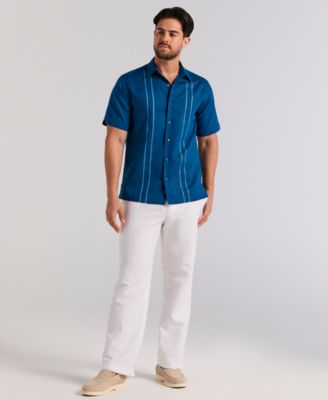 Men's Short-Sleeve Panel Button-Front Linen Camp Shirt