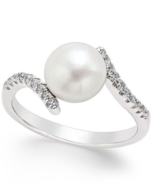Silvershake 8mm White Cultured Freshwater Pearl Sterling Silver Band Ring - 925 Silver, Button Shape Pearl