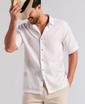 Men's Border Palm Embroidered Linen-Blend Short-Sleeve Shirt