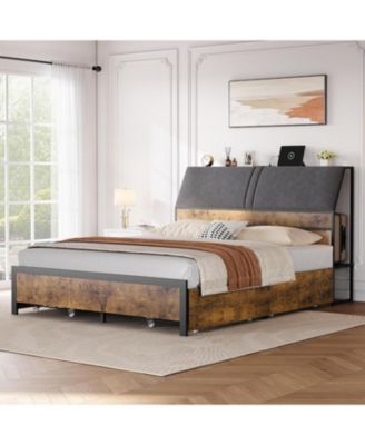 Queen Size Bed Frame with Ergonomic Headboard and Charging Station, Upholstered Platform Bed, Metal Industrial Bed Frame with 4 Storage Drawers