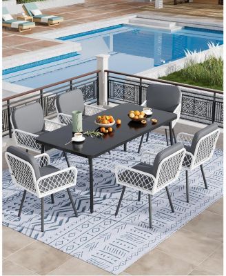 Patio Dining Chairs Set of 4 with Black Metal Frame & White Hand-Woven Rattan, Porch Armchairs with Cushion for Indoor, Garden, Balcony, Deck