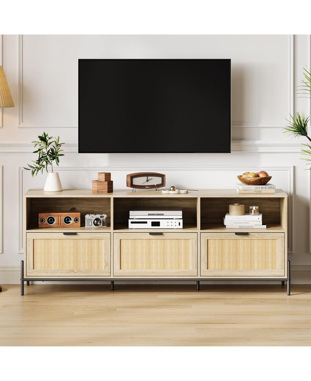 gaomon Tv Stand for 65 Inch Tv, Entainment Center with Storage, Rattan Tv Console with 3 Drawers and Open Shelf, Mid Century Modern Tv Stand