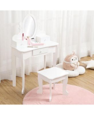 Kids Vanity Set with Mirror and Stool, Girls Wooden Makeup Playset