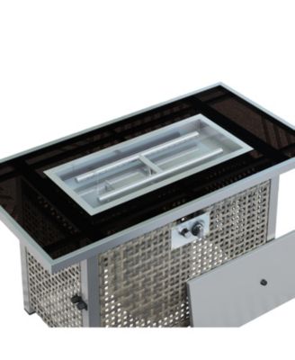 K&K 43 Inch Propane Gas Fire Pit Table 60000 BTU Rectangular Open Weave Wicker with Glass Wind Guard for Outdoor Patio Garden
