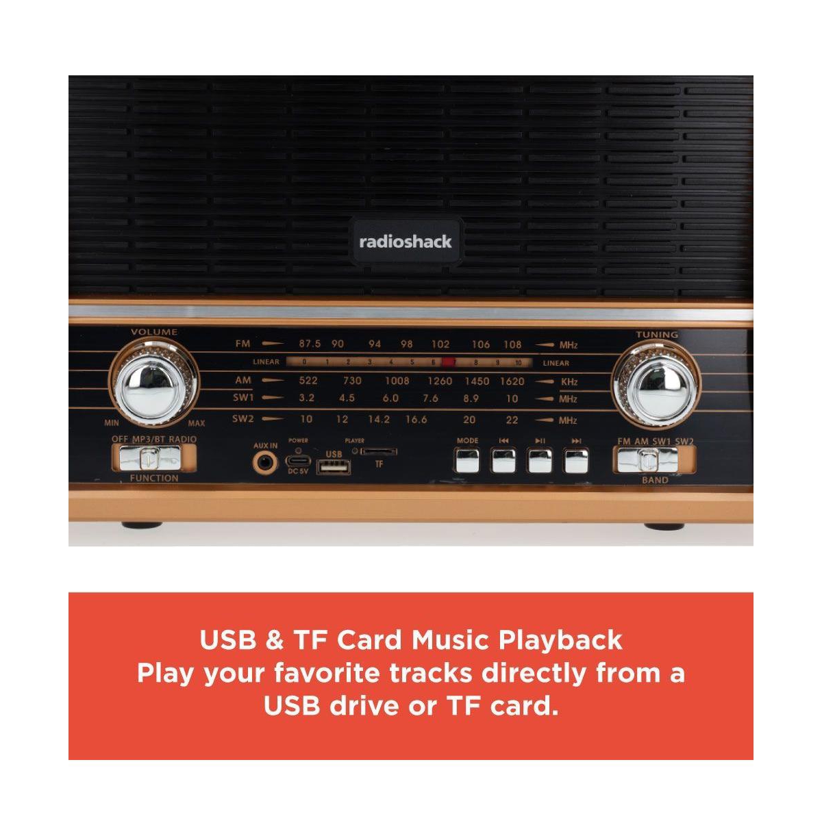 RadioShack Retro Am/Fm/Sw Vintage and Classic Radio Antique Style, Bluetooth, Usb/microSD, Rechargeable Battery – 4001800