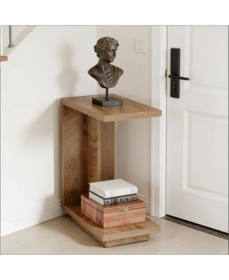 Modern Slatted C-Shaped Bedside Table, Space-Saving Side Table with 2 Open Shelves