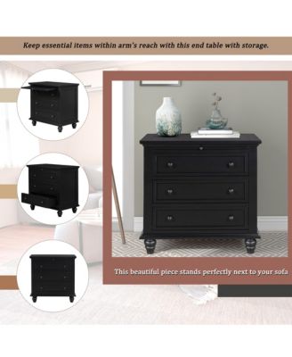28'' Wood Nightstand, Bedside Cabinet with 3 Storage Drawers and Pull-out Tray, Bedside Accent Table for Bedroom and Office (Black)