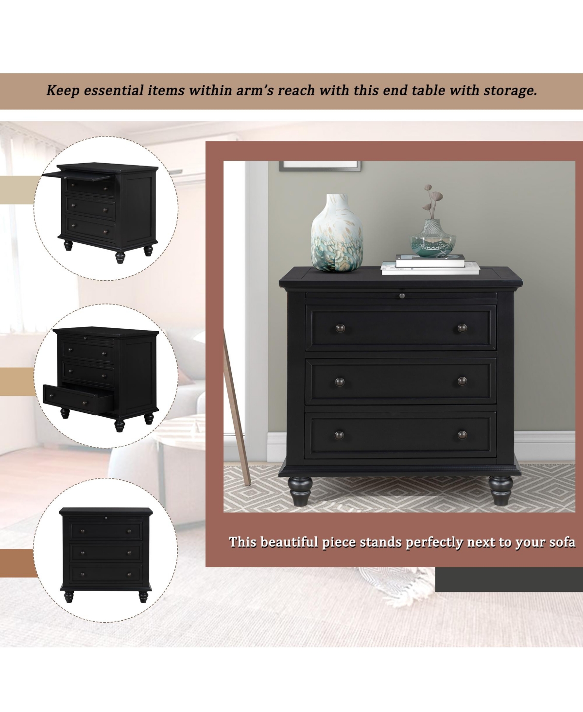Rainsken 28'' Wood Nightstand, Bedside Cabinet with 3 Storage Drawers and Pull-out Tray