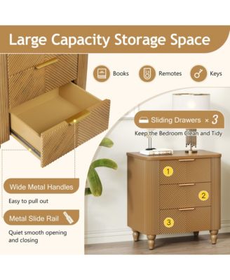 Mid-Century Fluted Nightstand with 3 Storage Drawers, Wood Bedside End Table with Curved Profile & Metal Handle for Bedroom, Living Room