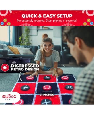 2-in-1 Vintage Giant Checkers & Tic Tac Toe Game W/ Mat - 100% Machine-Washable Canvas With Big Foam Discs - Giant Games