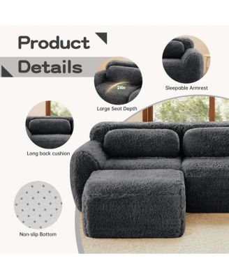 3-Seater Plush Fabric Sofa with Movable Ottoman, No Assembly Required, Dark Gray