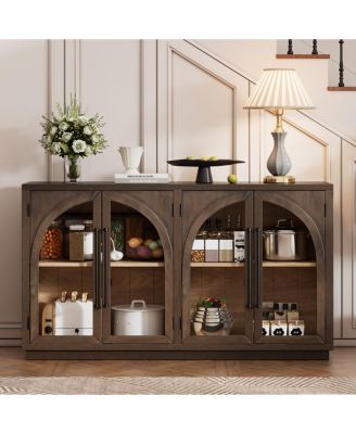 Espresso 4-Door Large Storage Sideboard Buffet Cabinet with Glass Doors