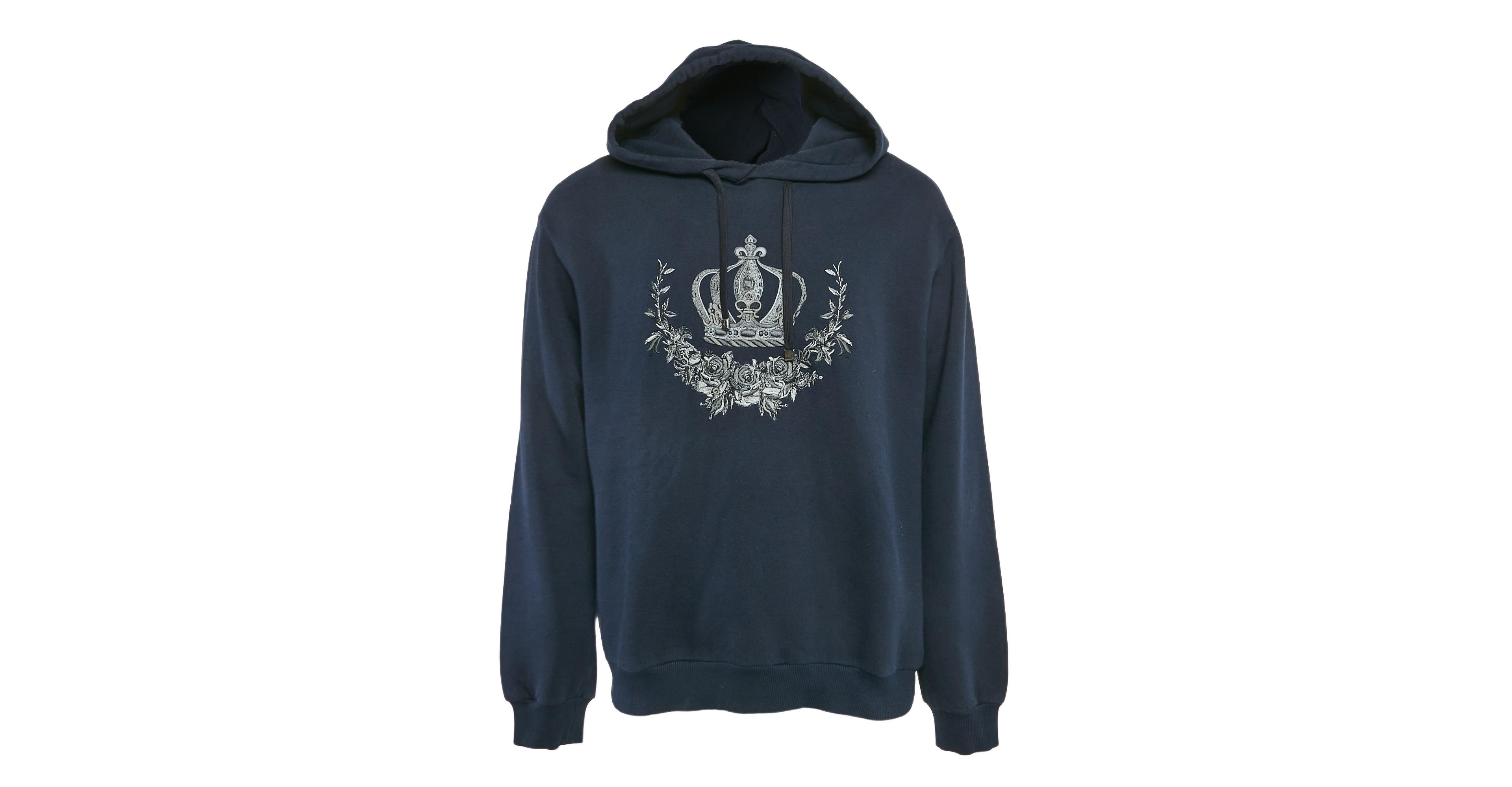 Pre-Owned Dolce & Gabbana Men's Navy Blue Crown Embroidered Cotton Knit Hoodie