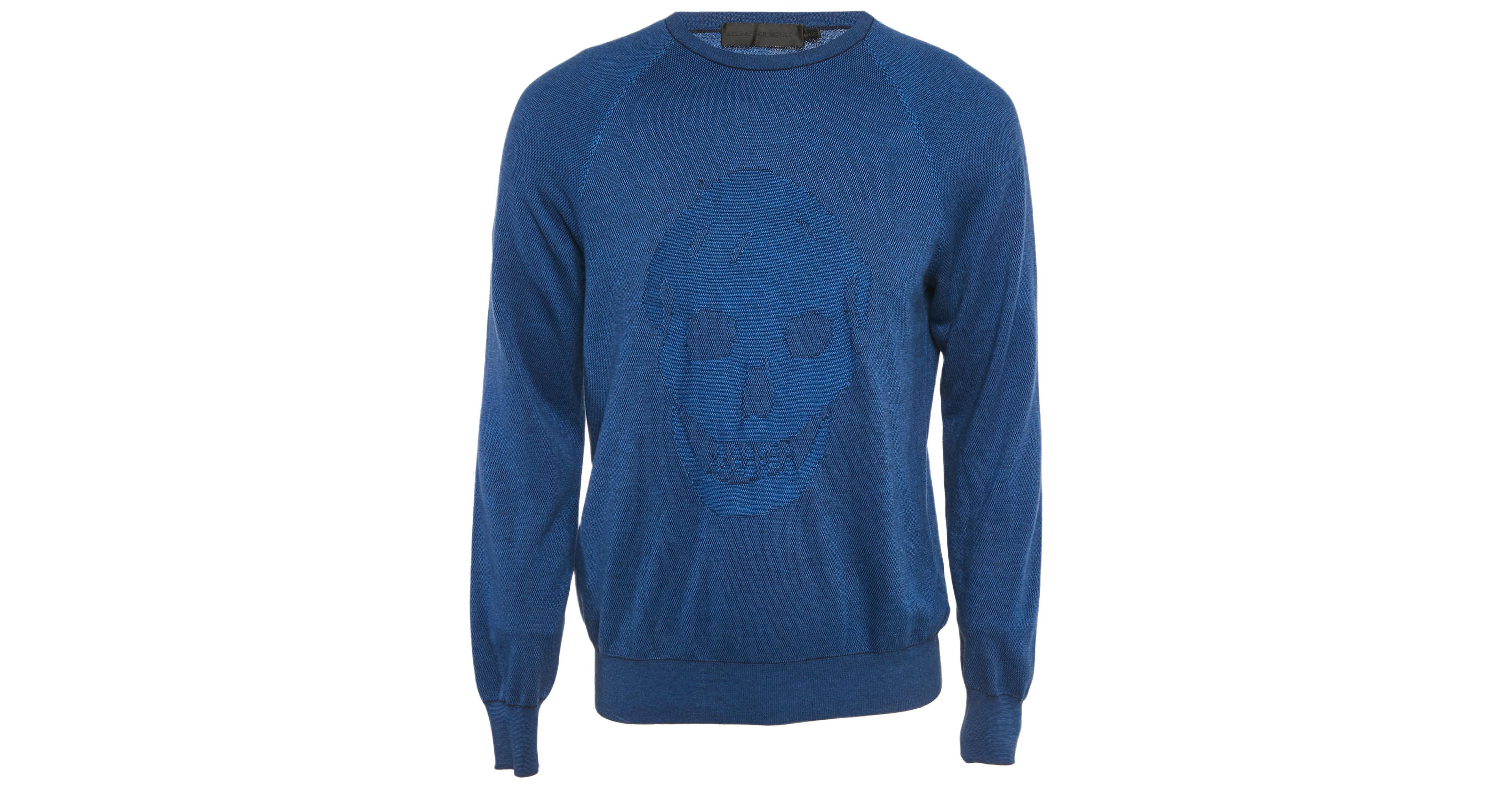 Pre-Owned Alexander Mcqueen Men's Blue 3D Skull Embossed Cotton Knit Sweater