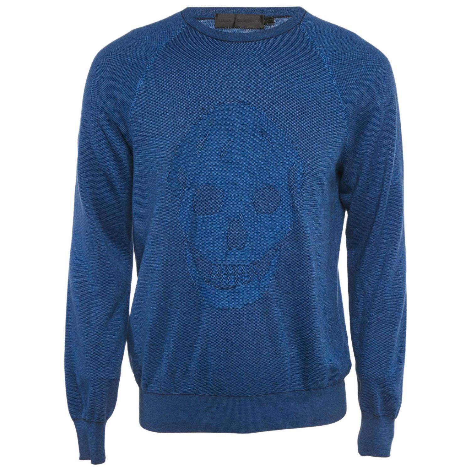 Men's Blue 3D Skull Embossed Cotton Knit Sweater