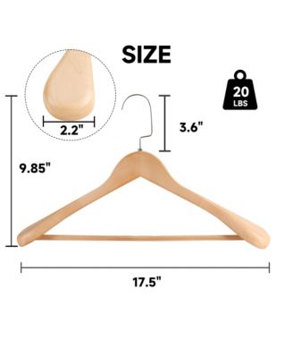 Wooden Suit Hangers with Pants Bar for Men's Clothes, 17.5-Inch Wide Shoulder Solid Wood Coat Hangers for Jackets, Shirts, Trousers