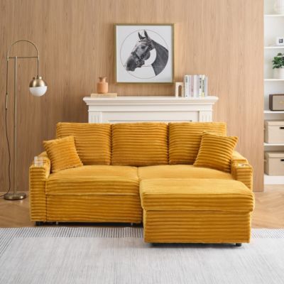 80 Inch Corduroy Sleeper Sofa Bed with Storage Ottoman, Pull-Out Convertible Couch for Living Room or Guest Room