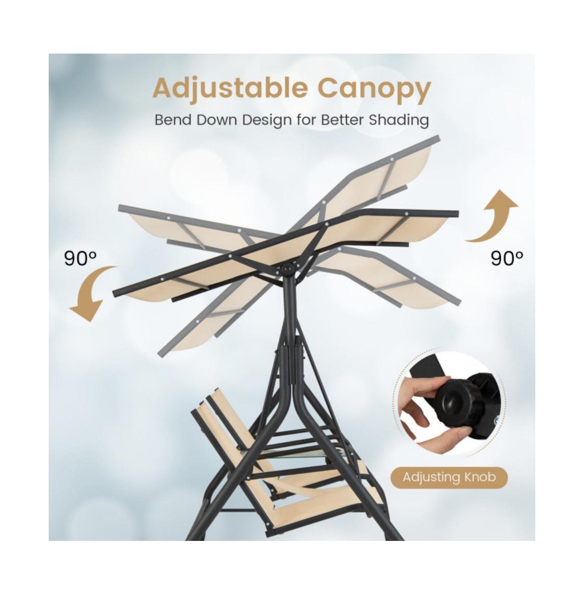 2-Seat Outdoor Cushioned Porch Swing with Adjustable Canopy and Tempered Glass Table