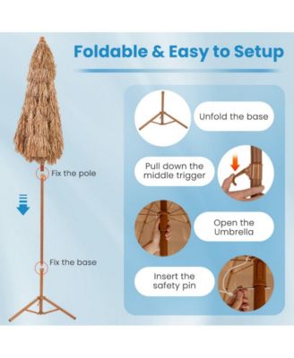 6.5 Feet Thatched Tiki Umbrella with Foldable Stand Push Button Tilt