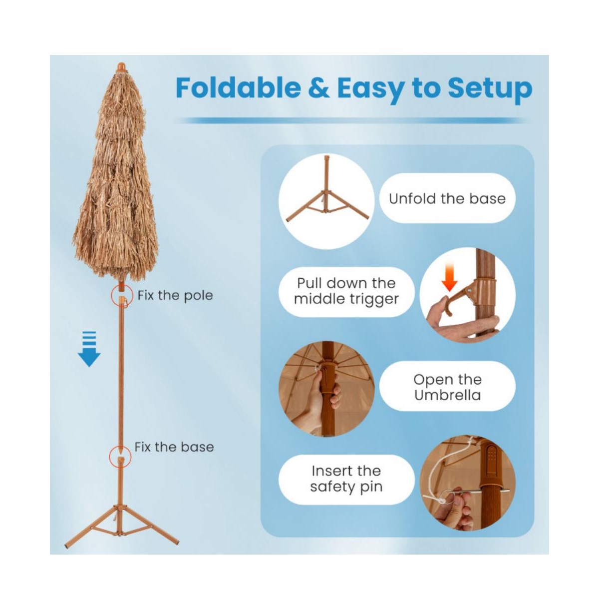 6.5 Feet Thatched Tiki Umbrella with Foldable Stand Push Button Tilt