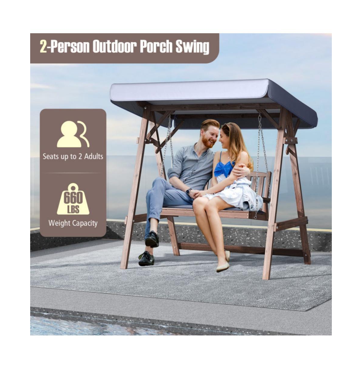 2-Person Porch Swing with Fir Wood Stand and Tilt Canopy