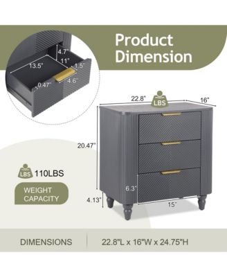 Mid-Century Fluted Nightstand with 3 Storage Drawers, Wood Bedside End Table with Curved Profile & Metal Handle for Bedroom, Living Room