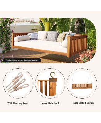 Patio Minimalist Twin Size Garden Swing Bed,Wood Porch Swing with Ropes