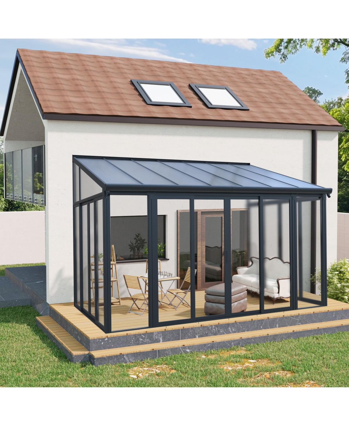 Mondawe 10x14ft Patio Cover Sunroom with Aluminum Frame, Polycarbonate Roof and Sliding Doors