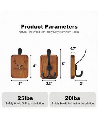 4 Pack Rustic Iron Hooks, Heavy Duty, Adhesive & Drill, Brown