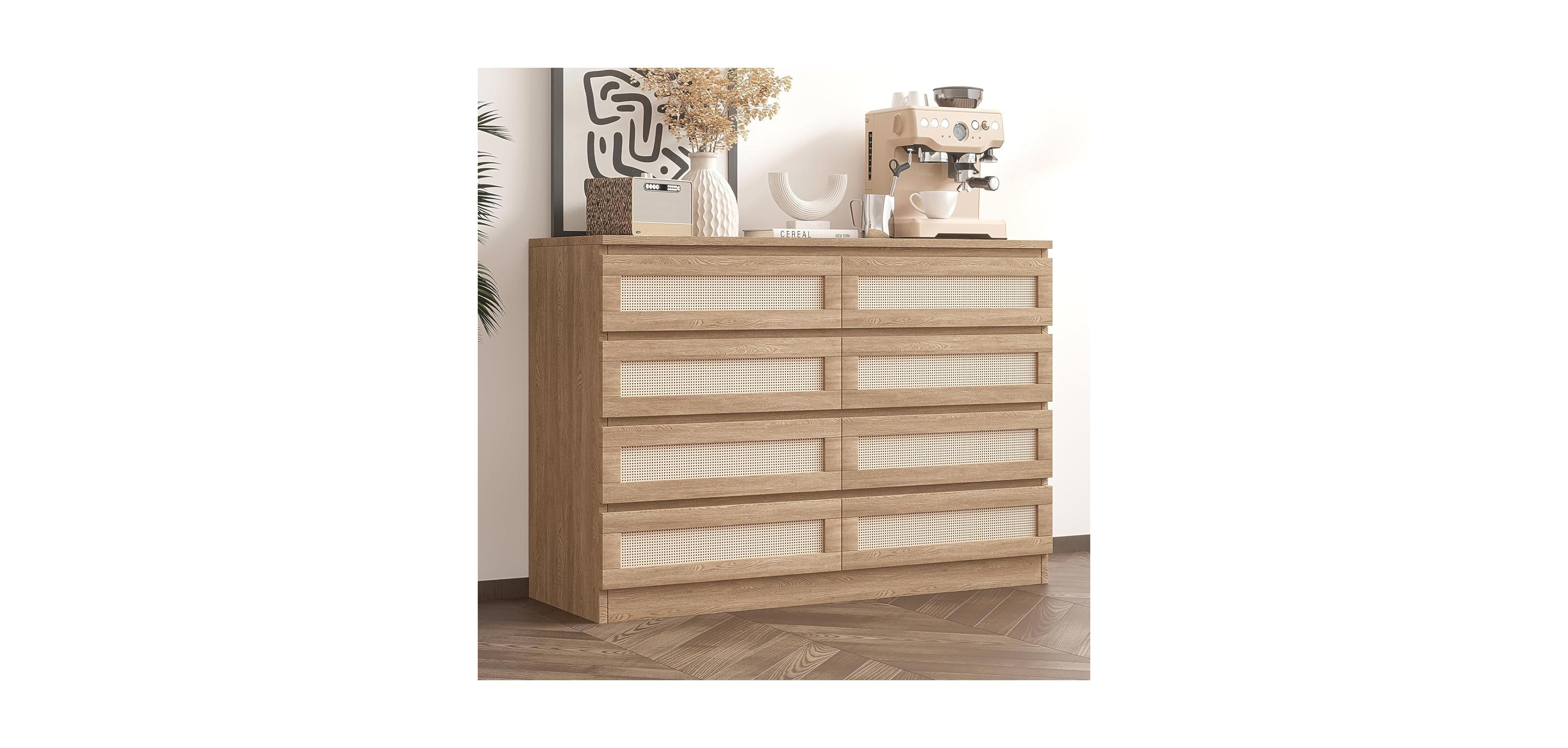 gaomon Rattan Dresser for Bedroom with 8 Drawers, 47'' Wide Chest of Oak Furniture Large Storage Tower Unit, Closet Store Organizer