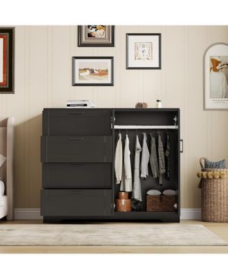 Multifunctional Wooden Dresser for Bedroom, 43.3 in H 2 Door Wardrobe Armoire Closet with 4 Drawers and Hanging Rod, Low Storage Cabinet