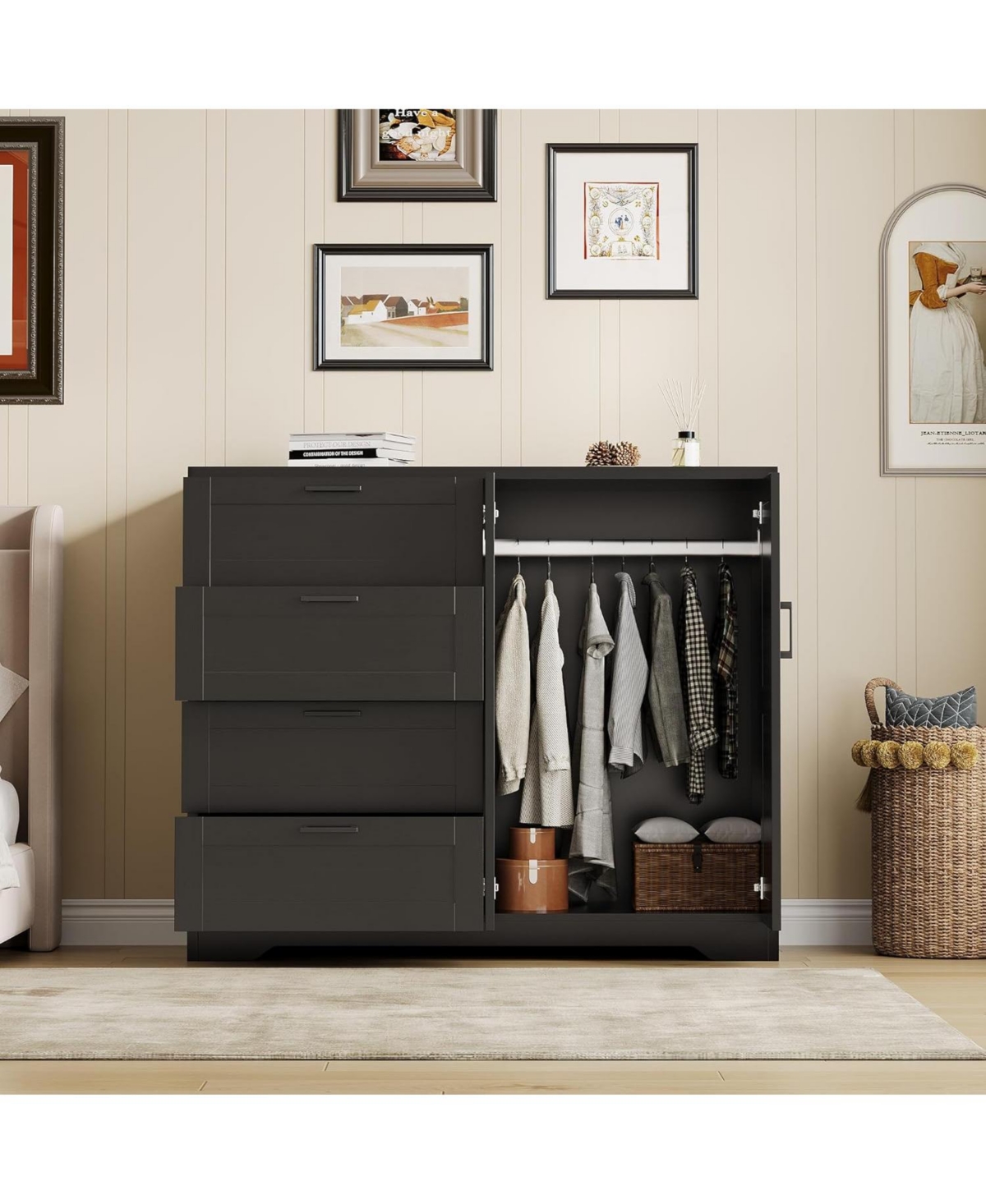 gaomon Multifunctional Wooden Dresser for Bedroom, 43.3 H 2 Door Wardrobe Armoire Closet with 4 Drawers and Hanging Rod, Low Storage Cabinet