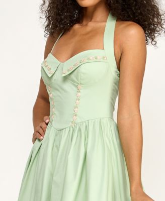 Juniors' Halter Poplin Floral Embroidery and Front Tie Fit & Flare Dress